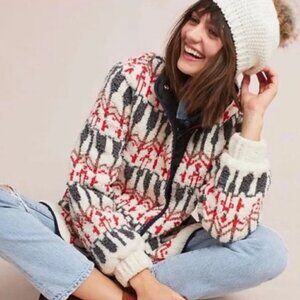 Anthropologie Red and Gray Sleeping on Snow Intarsia Wool Blend Jacket